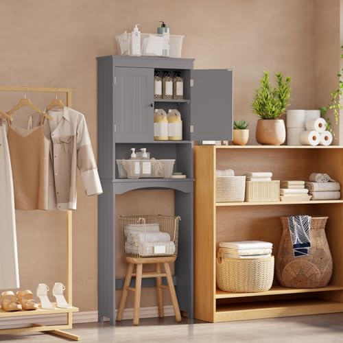 Gizoon Over The Toilet Storage Cabinet with Adjustable Shelf and Double Doors, Bathroom Space Saver Organizer Above Toilet with Open Shelf, Taller Wooden Free Standing Toilet Rack -Grey - color: Grey