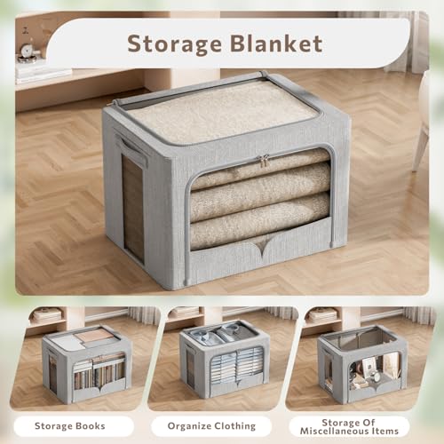 FHSQX 3 Pack Clothes Storage Bins Foldable Metal Frame Storage Box Stackable Linen Fabric Organizer Set with Carrying Handles and Clear Window (Light Gray, 15.7x11.8x11.8inch(36L)) - color: Light Gray, size: 15.7x11.8x11.8inch(36L)