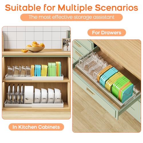 Nigelia 2 Pack Pots and Pans Organizer for Under Cabinet, 22" Expandable Food Storage Container Lid Organizers with 10 Adjustable Dividers Pot Lid Holders Rack Inside Cabinet&Kitchen Countertop(White) - size: 2 Pack