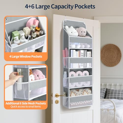 Yecaye Over The Door Organizer, Heavy Duty Hanging Organizers and Storage with 4 Large Capacity Pockets, Swing-Proof Behind The Door Storage for Bathroom Nursery Bedroom Dorm Closet, Grey,1Pc - color: Grey, size: 4 Tier