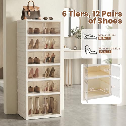 GOFLAME Foldable Shoe Rack Organizer, 6-Tier 12 Pairs Collapsible Shoe Cabinet with Magnetic Clear Doors, Portable Shoe Storage Box, Stackable Shoe Shelf for Closet, Entryway, Easy Assembly