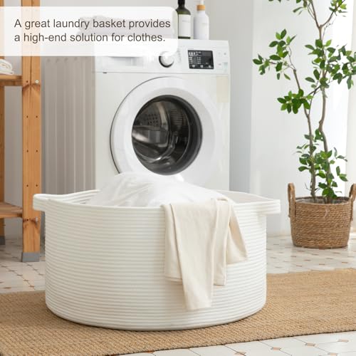 OIAHOMY 90L Blanket Basket for Living Room, Large Basket 23" x 23" x 13" with Handle, Laundry Hamper for Blankets, Pillows, Toy Storage for Kids, Dogs - White - color: White, size: 23" x 23" x 13"