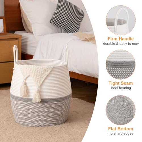 OIAHOMY 60L Blanket Basket with Handle, Storage Basket for Living Room, Laundry Hamper for Clothes, Towels, Pillows, Toy Storage for Kids and Dogs, Baby Hamper for Nursery - Grey & White - color: Grey & White, size: 60L