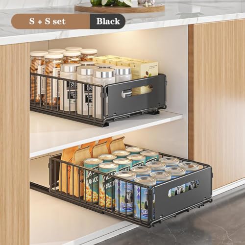 Pull Out Cabinet Organizer, Slide Out Cabinet Organizer Heavy-Duty Carbon Steel Expandable Drawer Adjustable Sliding Shelf Under Sink Rack Shelf for Kitchen Pantry Bathroom Closet - color: black large 2pcs