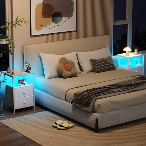 LOAKEKEL LED Night Stand with Charging Station, Small Bedside Table with USB Ports & Outlets, 2 Fabric Storage Drawers with PU Finish for Bedroom, White, HETS02WT-1 - color: White, style: Two-drawer