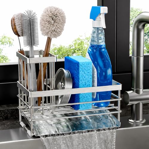Cisily Sink Caddy Sponge Holder for Kitchen with Brush Holder and Stainless Steel Self Drain Tray, Rustproof Kitchen Sink Organizer for Sponge, Soap Dispenser Storage Accessories (Stainless Steel) - color: Stainless Steel