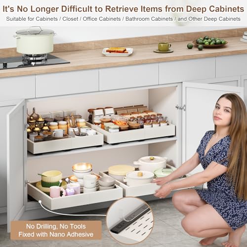 Pull out Cabinet Organizer,Expandable Width(16"-21"),Depth(13"-17") with 3 Rails,Roll out Drawers,No Drill Adjustable Slide out Shelves for Kitchen,Pantry,for Both Lip and Lip-Free Cabinets,White(1PC) - color: White, size: (16"W-21"W)X(13"D-17"D)