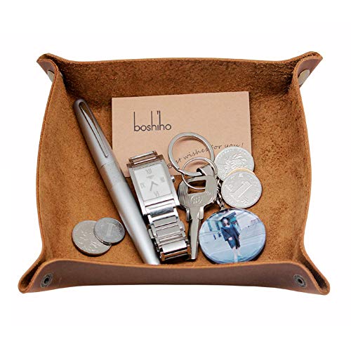 boshiho Valet Tray for Men, Leather Jewelry Catchall Key Phone Coin Box Change Caddy Bedside Storage Box (Crazy Horse Leather - Light Brown) - color: Crazy Horse Leather - Light Brown