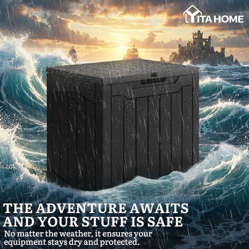 YITAHOME 31 Gallon OutdoorDeck Box, Lockable Resin Storage Box and Waterproof Package Delivery Box for Patio, Garden, Poolside, Cushions, Supplies & Sports Gear, Black - color: Black, size: 31 Gallon, style: Deck Box