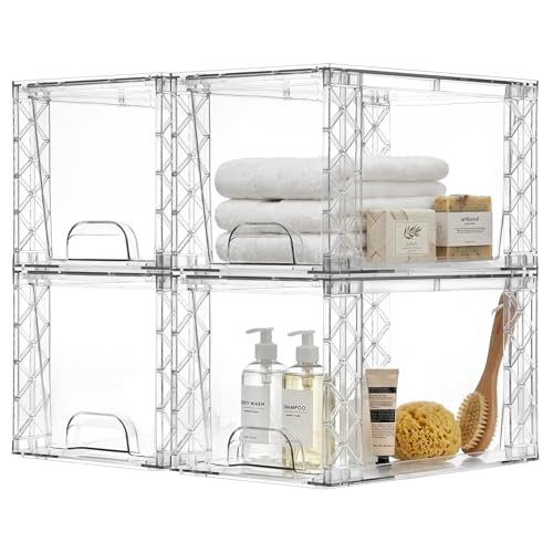 Bathroom Organizers and Storage Boxes 4pack, 7in Stackable Storage Drawers Plastic Simply Assembled Containers Bins Suitable for Cosmetics, Bathroom, Kitchen, Cabinets, and Snack Storage Boxes