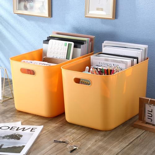 Hoolerry 8 Pieces Colorful Storage Bins with Lid, Plastic Storage Basket Organizing Container Stackable Box with Handle for Shelves Desktop Playroom Office(14.2 x 10.2 x 9.5 Inch,Yellow) - color: Yellow, size: 14.2 x 10.2 x 9.5 Inch