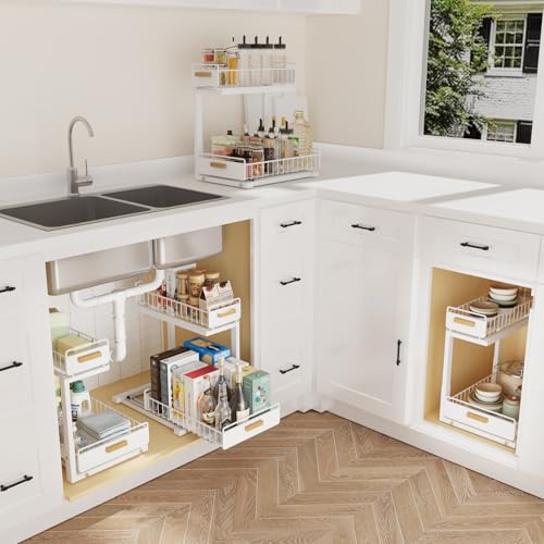 2 Pack Under Sink Organizer with Ball Bearing Sliding Drawer, Heavy Duty Pull Out Cabinet Organizer, 2 Tier Adjustable Storage Rack for Kitchen Bathroom, Space Saving Design, White - color: White, size: 2 Pack Double Layer