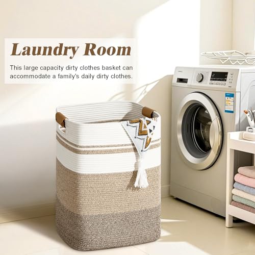 Laundry Hamper, 95L Tall Laundry Basket with Leather Handles, Rectangle Large Clothes Hamper for Organizing, Cotton Woven Laundry Baskets Storage Hampers for Bedroom, Nursery, Living Room - color: Jute & Rice Brown, size: 95L