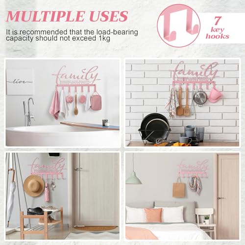 Hicarer Family Key Holder Metal Hooks Decorative Hanger Pink Rack Wall Mount Organizer with Screws and Anchors for Keys Hat Kitchen Entryway Front Door Home Decor - color: Pink, style: Classic Style