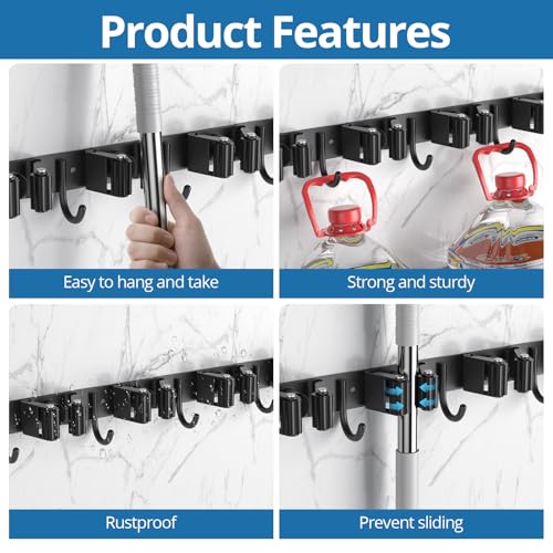 2 Pack Mop and Broom Holder Wall Mount, 5 Racks and 4 Hooks Broom Organizer Storage Garage Tool Racks Wall Mounted Mop Hanger for Home Kitchen Garden Laundry (Black) - style: 2 PACK BLACK