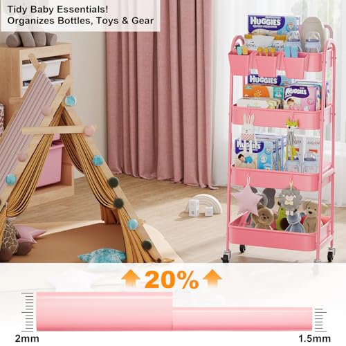 4 Tier Rolling Cart Metal with Lockable Wheels, Four Tiered Pink Trolley Cart on Wheels, Utility Storage Organizer Carts for Bathroom, Kitchen, Art, Craft, Baby Diaper Caddy, Snack, Makeup, Nail, Lash - color: Fashion Pink, size: 4 tier