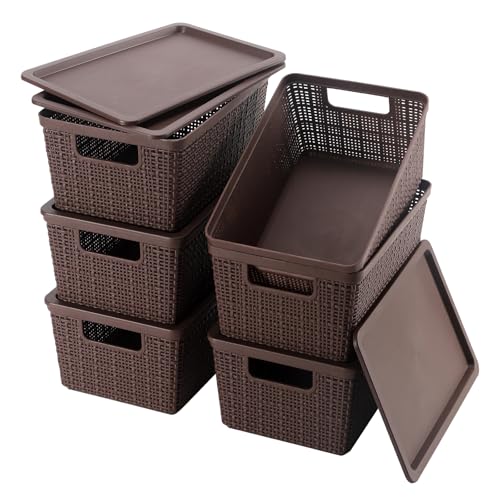 6 Pack Plastic Storage Baskets With Lids,Brown Breathable Stackable Storage Bins,Small Storage Containers,for Organizing Storage Baskets on Desktops,Closets,Playrooms,Classrooms,Offices - color: Brown