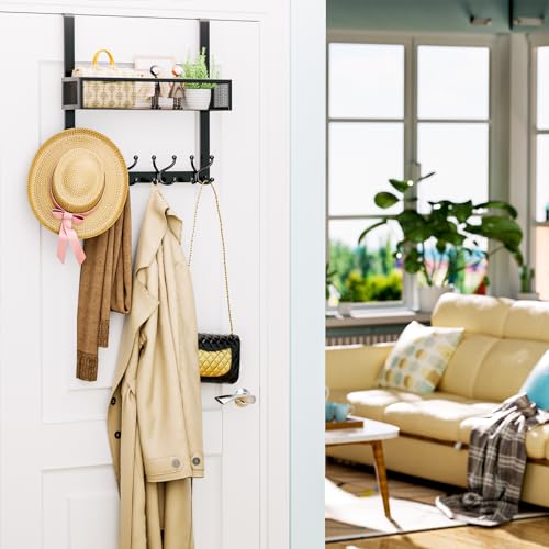 Consumest Over The Door Hooks Organizer - Over Door Hanger with 16 Hooks & 2 Baskets for Hanging Coat, Clothing, Towel, Back Storage for Bathroom, Closet, College Dorm, Black - color: Black-16 Hook 2 Basket, size: 2 Tier