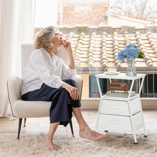 Side Tables for Bedroom Nightstand with 2 Cloth Drawer Bedside Table with Storage End Tables Living Room Sofa Couch - color: White