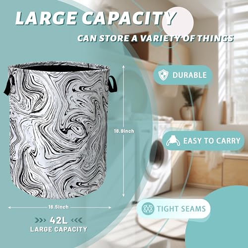 Black and White Marble Texture Laundry Basket Foldable With Handles Tote Bag Oxford Cloth Funny Laundry Hamper Clothes Storage Bucket Toy Organizer 18.9"x16.5"For Bathroom/Laundry/Bedroom - color: Black and White Marble Texture