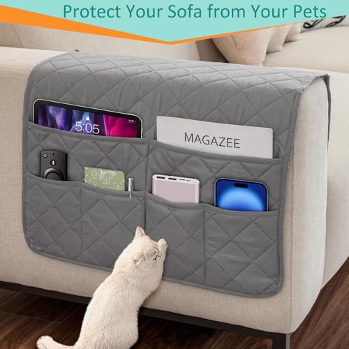 Remote Control Holder for Recliner Non-Slip Armchair Caddy Couch Armrest Organizer, Arm Chair Bedside Caddy Storage Organizer for Recliner Couch With 6 Pockets for Magazine, Tablet, Phone, iPad (Grey) - color: Grey