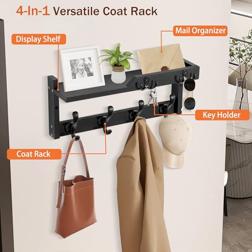 dreampossible Coat Rack Wall Mount with Shelf, Coat Hanger Wall Mount with Key Hooks and Mail Holder, Wood Entryway Floating Shelf with Hooks and Storage, Hat Rack for Wall Key Holder Mail Organizer - color: Black, size: 16.6 Inch Long