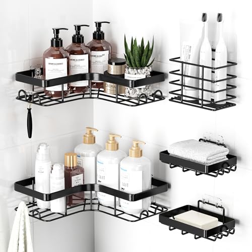 Sakugi Corner Shower Caddy - 5-Pack Shower Organizer with Soap Holder & Toothbrush Holder, Rustproof Metal Shower Shelves, Laundry, Kitchen, Bathroom Organizers and Storage Solution, Large, Black - color: Black, size: Large - 5 Packs