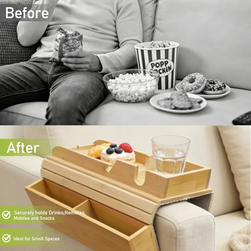 Bamboo Couch Armrest Table with Side Pocket, Anti-Slip Sofa Arm Tray & Tv Remote Holder and Cup Holder Tray, Perfect for Holding Drinks, Snacks, Remotes, Cups, and Phones