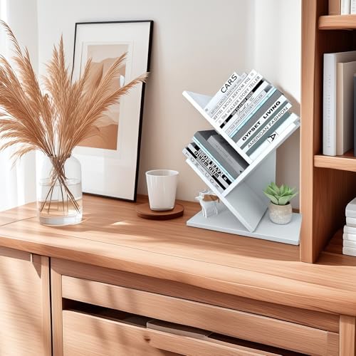 Godferyxin Tree Bookshelf, 3-Tier Small Bookcase for Desk – Wood Small Bookshelf with Storage Shelves, Mini Bookcase for Bedroom, Office, White Bookshelf, CDs, Magazines Desktop Book Tree - color: 3-tier-white