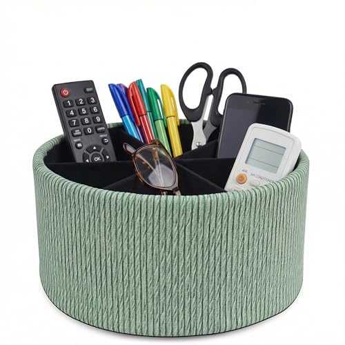 Remote Control Holder, 360°Spinning PU Leather Desk TV Remote Caddy,Desk Storage Box Room Accessories for Controller, Media,Mail,Calculator, Mobile Phone,Pencil(1-Big Wood Green) - color: 1-Big Wood Green