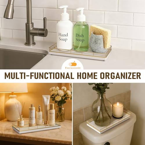 Bathroom Vanity Tray for Countertop, 12" x 6" Oak Wood Toilet Tank Tray with Metal Guardrail, Bathroom Organizer for Soap, Perfume & Skincare, Non-Slip Decorative Tray for Dresser, Gold & White - color: Gold & White, size: 12" x 6" x 1.5"