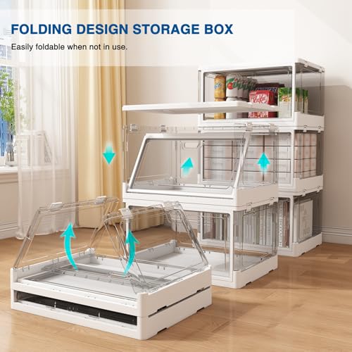 HYBRIDEAS 3-Pack Clear Stackable Storage Bins with Lids Magnetic Doors Open Front Foldable Folding Plastic Craft Containers Large Closet Organizers Box for Bedrooms Living Rooms Study Kids' Toys 24 QT - color: White