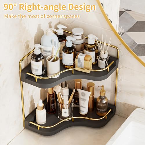 2-Tier Corner Bathroom Counter Organizer with Embedded Screw Holes, Secure & Stable Wood Vanity Shelf for Makeup and Skincare Essentials - Space Saving Bathroom Countertop Storage, Black Gold - color: Black Gold