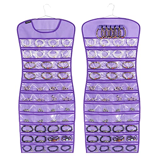 Hanging Jewelry Organizer Dual Sided 84 Clear Pockets and 6 Hook Loops Storage for Holding Jewelries Hair Accessories Dress Shaped Earring Holder (84 Pockets and 6 Hook Loops -Purple) - color: 84 Pockets and 6 Hook Loops -Purple