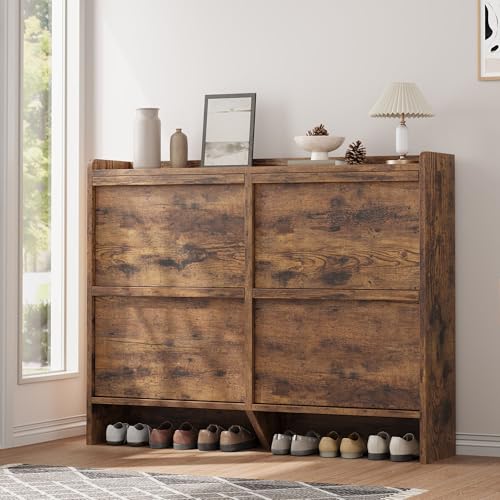 GarveeHome Shoe Cabinet with 4 Flip Drawers, Wooden Shoe Organizer Cabinet with Adjustable Shelf, Shoe Storage for Entryway, Hidden Shoe Cabinet for Hallway, Living Room, Rustic Brown - color: Rustic Brown, size: 4-Drawers