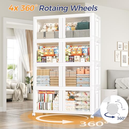 200GAL Large Stackable Storage Bins with Lid and Wheels, 800Qt Collapsible Organizer Cabinet with Clear Door, for Closet, Bedroom, Kitchen, Garage, 4-Pack White - style: 4 Pack