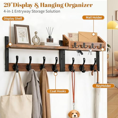 Coat Rack Wall Mount with Shelf, 29 inch Entryway Wall Shelf with 11 Metal Hooks, 4 in 1 Coat Hanger and Key Holder Wall Mount with Mail Organizer for Living Room, Bedroom