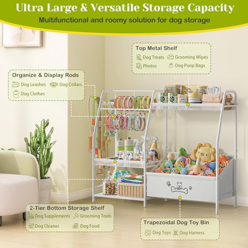 Large Dog Toy Basket with Dog Storage Organizer, Trapezoid Dogs Toy Bin Box with Collar Leash Holder Hook, Toy Holder Chest Pet Storage Cabinet for Living Room, Dogs Essentials for Pet Lovers Gift - color: White