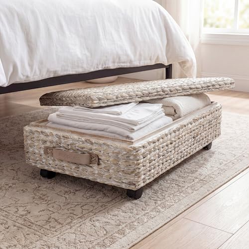 happimess BSK1006C 26.38" Chett Minimalist Hand-Woven Hyacinth/Wood Underbed Storage Bin with Wheels and Handles for Storage and Decoration in Bathroom, Bedroom, Closet,Entryway,Guest Room, White Wash - color: White Wash