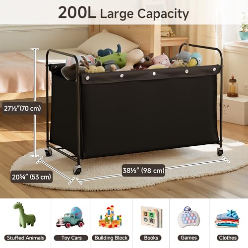 StorageWorks Toy Box with Wheels for Kids, 200L Extra Large Toy Storage Chest and Organizer, 27.5" Metal Toybox with 360° Swivel Wheels for Bedroom, Kids Room, Stuffed Animal Storage, Black - color: Black, size: 38"Lx20¾"Wx27½"H