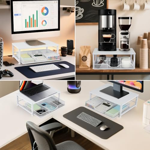 Small Laptop Stand for Desk, Monitor Stand Riser, Office Desk Accessories, Computer Desktop Stand with Drawer for Home, Office, School (White) - color: White