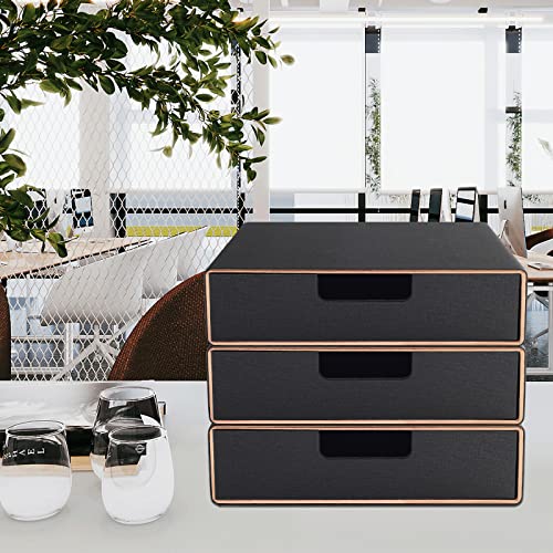 Stackable Organizer Drawer PU Leather Classic Handmade,Organize Home Office Desk Accessories and Sort Letter-Size Paper/a4 Document,Desk Caddy with Drawers Storage Box ,13.1x10x3.7inches,Black - color: Black Linen Texture