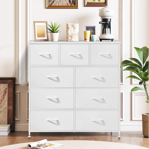 9-Drawer Dresser for Bedroom, Anti-Tip Tall Storage Organizer Chest of Drawers with Wooden Top and Metal Frame Fabric Bins for Closet, Living Room, Hallway, Entryway, White - color: White, size: 11.8"D x 39.4"W x 40"H (9 Drawers)