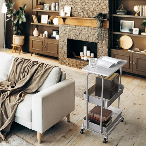 Simple Houseware 2-Tier Rolling Utility Cart with Lockable Wheels and Wood Top, Metal Storage Organizer Trolley for Kitchen, Bathroom, Office, Craft Room, White - color: White