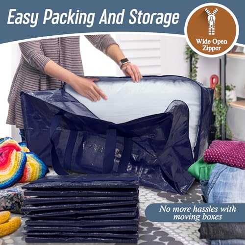 12 Pack Extra Heavy Duty Large Moving Bags with Strong Zipper & Comfortable Handles, Sturdy & Durable Clothes Storage Bags Totes Bins, Packing Moving Boxes for College Supplies, Dark Blue - color: Dark Blue, size: 12 Pack