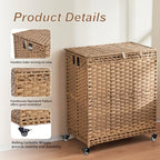 Laundry Hamper with Wheels&Lid, 50.2 Gallons(190L) Rolling Laundry Basket with Wheels, 3-Section Laundry Hamper, Handwoven Rattan Clothes Hamper with 6 Removable Liner& 3 Mesh Laundry Bags, Natural - color: Natural