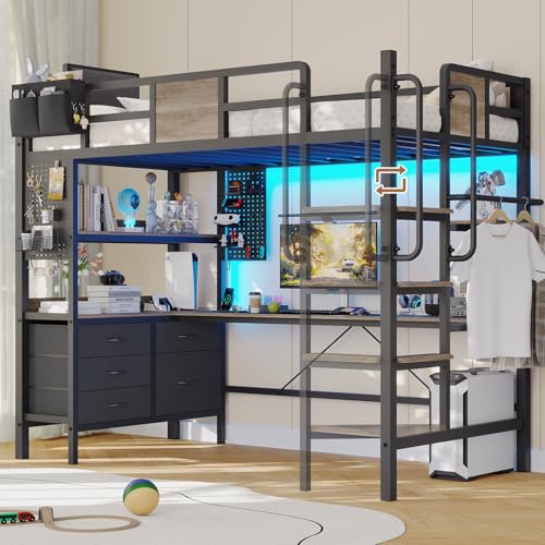 Dnxao Twin Loft Bed with Desk and 5 Storage Drawers,Loft Bed Twin Size with LED Lights and Charging Station, Metal Bunk Bed Frame with Ladder, Clothes Rail,Noise Free,Oak Gray - color: Oak Gray, size: Twin loft bed with 5 drawer