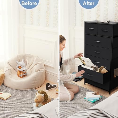 Crestlive Products Vertical Dresser Storage Tower - Sturdy Steel Frame, Wood Top, Easy Pull Fabric Bins, Handles - Organizer Unit for Bedroom, Hallway, Entryway, Closets - 7 Drawers (Black) - color: Black, style: 7 Drawers