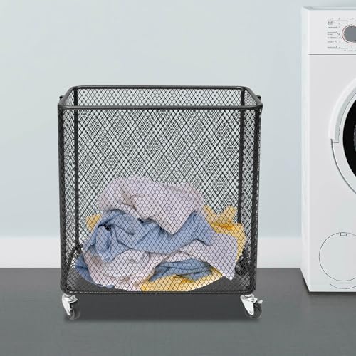 Black Metal Laundry Basket with Wheels, Rolling Laundry Hamper Cart Metal Mesh Laundry Clothes Sorter Storage Cart Organizer Basket Durable for Home - color: Black