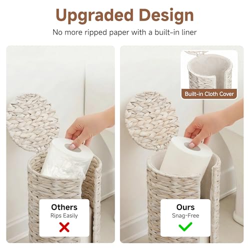 StorageWorks Free Standing Wicker Toilet Paper Holder Stand for Bathroom Storage, Decorative Water Hyacinth Toilet Paper Storage with Lid, 3 Rolls of Tissue Holder with a Built-in Cloth Lining, White - color: White（water Hyacinth）, size: 6¾"D(For 3 Roll)